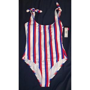 Red, white and blue striped one piece bathing suit